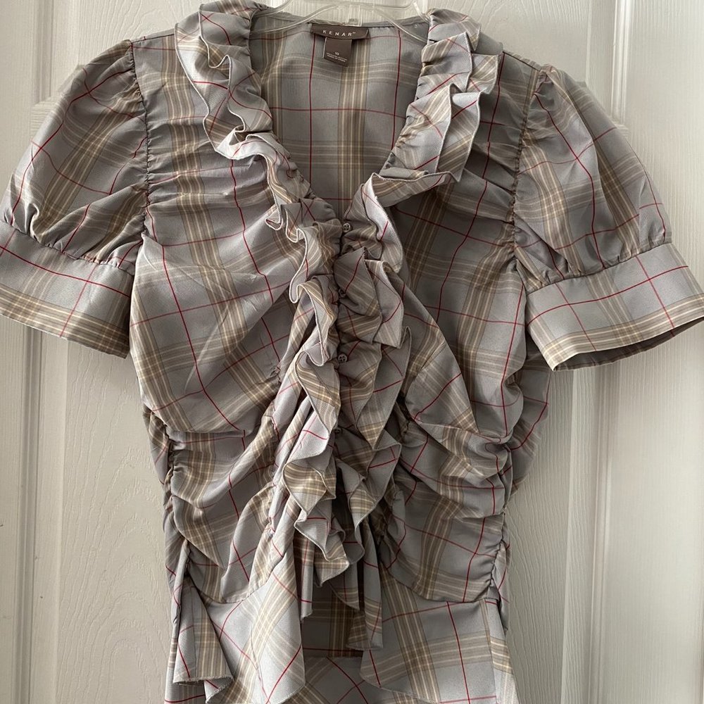 Kenar Ruffled Plaid Short Sleeve Blouse - Women's Size 10